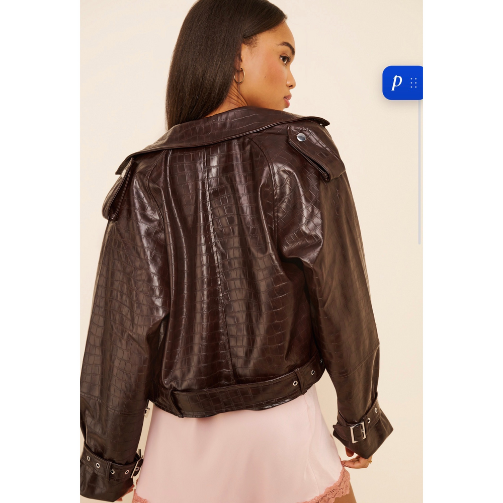 We Wore What Vegan-Leather Croc Cropped Moto Jacket in Cream - Picture 2 of 4